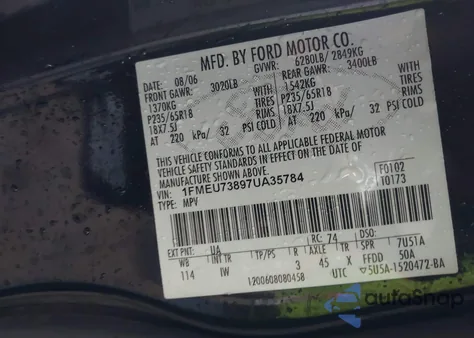 2007 Ford Explorer Xlt from USA, damaged, VIN 1FMEU73897UA35784